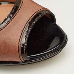Pre Owned Dolce & Gabbana Size 39.5 Brown/Black Patent and Leather Peep Toe Platform Ankle Strap Pumps