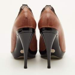 Pre Owned Dolce & Gabbana Size 39.5 Brown/Black Patent and Leather Peep Toe Platform Ankle Strap Pumps