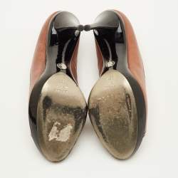 Pre Owned Dolce & Gabbana Size 39.5 Brown/Black Patent and Leather Peep Toe Platform Ankle Strap Pumps