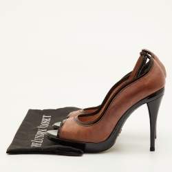 Pre Owned Dolce & Gabbana Size 39.5 Brown/Black Patent and Leather Peep Toe Platform Ankle Strap Pumps