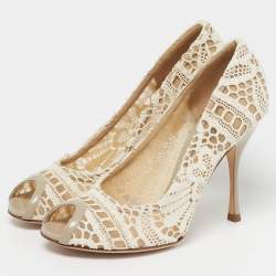 Pre Owned حذاء كعب عالي دولتشي أند غابانا دانتيل وجلد أبيض/رمادي مقدمة مفتوحة مقاس 38.5