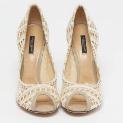 Pre Owned حذاء كعب عالي دولتشي أند غابانا دانتيل وجلد أبيض/رمادي مقدمة مفتوحة مقاس 38.5