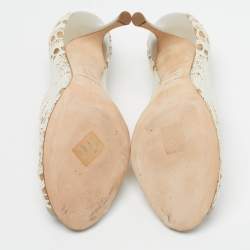 Pre Owned حذاء كعب عالي دولتشي أند غابانا دانتيل وجلد أبيض/رمادي مقدمة مفتوحة مقاس 38.5