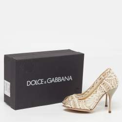 Pre Owned حذاء كعب عالي دولتشي أند غابانا دانتيل وجلد أبيض/رمادي مقدمة مفتوحة مقاس 38.5