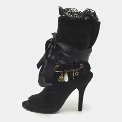 Pre Owned Dolce and Gabbana Size 36.5 Black Suede Charm Tie Around Peep Toe Ankle Boots 