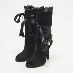 Pre Owned Dolce and Gabbana Size 36.5 Black Suede Charm Tie Around Peep Toe Ankle Boots 