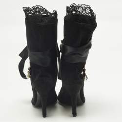 Pre Owned Dolce and Gabbana Size 36.5 Black Suede Charm Tie Around Peep Toe Ankle Boots 