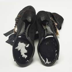 Pre Owned Dolce and Gabbana Size 36.5 Black Suede Charm Tie Around Peep Toe Ankle Boots 