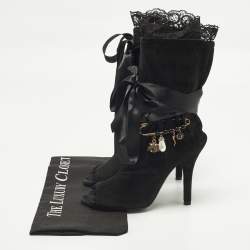 Pre Owned Dolce and Gabbana Size 36.5 Black Suede Charm Tie Around Peep Toe Ankle Boots 