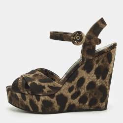 مملوكة مسبقًا Dolce & Gabbana Size 36 Brown Leopard Print Canvas Leather Wedge Sandals