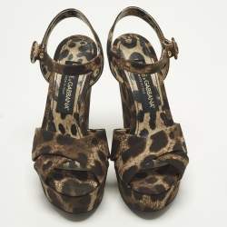 مملوكة مسبقًا Dolce & Gabbana Size 36 Brown Leopard Print Canvas Leather Wedge Sandals