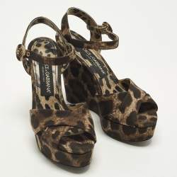مملوكة مسبقًا Dolce & Gabbana Size 36 Brown Leopard Print Canvas Leather Wedge Sandals