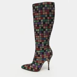 مملوكة مسبقًا Dolce & Gabbana Size 40.5 Multicolor Elastane and Checkered Lamé Fabric Knee Length Boots
