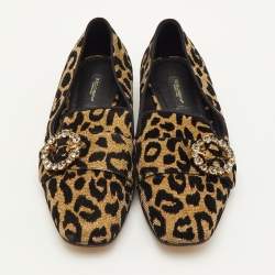 مملوكة مسبقًا Dolce & Gabbana Size 39.5 Brown/Black Leopard Print Metallic Lurex Fabric Smoking Slippers