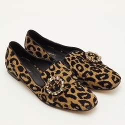 مملوكة مسبقًا Dolce & Gabbana Size 39.5 Brown/Black Leopard Print Metallic Lurex Fabric Smoking Slippers