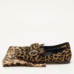 مملوكة مسبقًا Dolce & Gabbana Size 39.5 Brown/Black Leopard Print Metallic Lurex Fabric Smoking Slippers