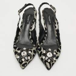 Pre Owned Dolce & Gabbana Bellucci Size 39 Black/Silver Lurex Fabric Crystal Embellished Slingback Pumps