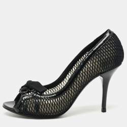 Pre Owned Dolce & Gabbana Size 36.5 Black Mesh and Patent Leather Peep Toe Pumps
