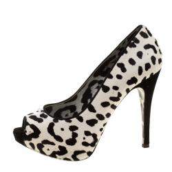 Dolce & Gabbana White Leopard Print Calfhair Peep Toe Platform Pumps Size 35.5