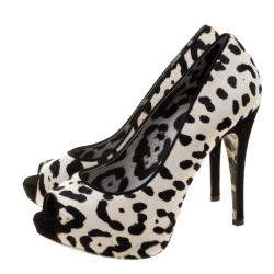 Dolce & Gabbana White Leopard Print Calfhair Peep Toe Platform Pumps Size 35.5