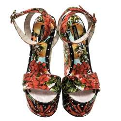 مملوكة مسبقًا Dolce & Gabbana Multicolor Printed Brocade Peep Toe Ankle Wrap Wedge Sandals Size 39.5