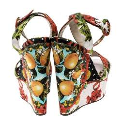 مملوكة مسبقًا Dolce & Gabbana Multicolor Printed Brocade Peep Toe Ankle Wrap Wedge Sandals Size 39.5