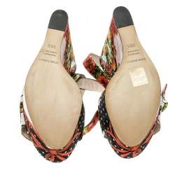 مملوكة مسبقًا Dolce & Gabbana Multicolor Printed Brocade Peep Toe Ankle Wrap Wedge Sandals Size 39.5