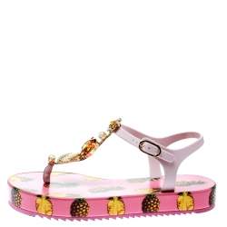 Pre Owned صندل بإصبع دولتشي أند غابانا نعل سميك مزخرف كريستال طباعة أناناس مطاط وردي مقاس 39