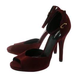Pre Owned Dolce & Gabbana Red Suede Keira Ankle Strap Peep Toe Sandals Size 39