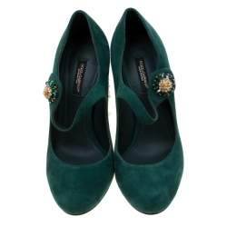 Pre Owned Dolce & Gabbana Green Suede Crystal Embellished Mary Jane Pumps Size 36