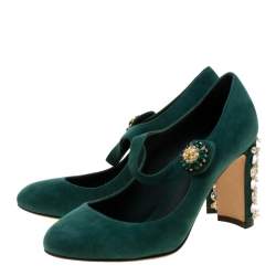 Pre Owned Dolce & Gabbana Green Suede Crystal Embellished Mary Jane Pumps Size 36