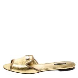 Dolce & Gabbana Gold Lizard Embossed Leather Flat Slides Size 39.5