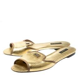 Dolce & Gabbana Gold Lizard Embossed Leather Flat Slides Size 39.5