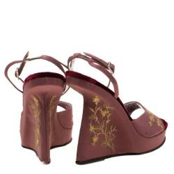 Pre Owned Dolce & Gabbana Pink And Metallic Gold Embroidered Fabric Wedge Platform Sandals Size 37