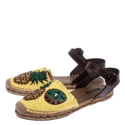 Dolce & Gabbana Yellow  Raffia/Leather Pineapple and Kiwi Patch Espadrille Sandals Size 40