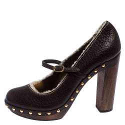 مملوكة مسبقًا Dolce & Gabbana Dark Brown Leather and Shearling Mary Jane Pumps Size 38