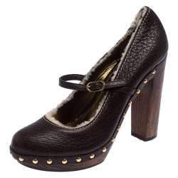 مملوكة مسبقًا Dolce & Gabbana Dark Brown Leather and Shearling Mary Jane Pumps Size 38