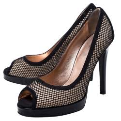 مملوكة مسبقًا Dolce & Gabbana Black Mesh And Canvas Peep Toe Platform Pumps Size 40 