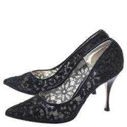 Dolce & Gabbana Black Embroidered Mesh And Leather Trim Pointed Toe Pumps Size 40