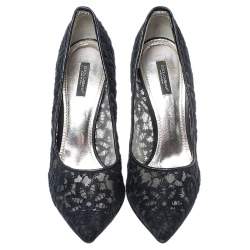 Dolce & Gabbana Black Embroidered Mesh And Leather Trim Pointed Toe Pumps Size 40