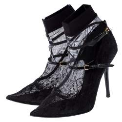Pre Owned Dolce & Gabbana Black Lace And Stretch Mesh Fabric Sock Mary Jane Pointed Toe Pumps Size 41