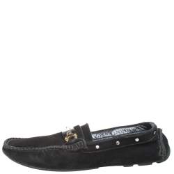 Dolce & Gabbana Black Suede Metal Logo Slip On Loafers Size 41