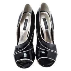 Pre Owned حذاء كعب عالي دولتشي آند غابانا دورسي جلد وجلد أسود لامع بحواف مزينة مقدمة مفتوحة مقاس 36.5