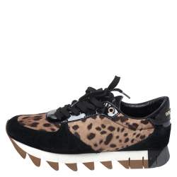 Pre Owned Dolce & Gabbana Brown Leopard Print Canvas And Black Suede Low Top Sneakers Size 40