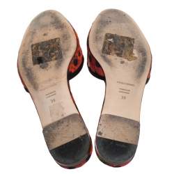 Pre Owned Dolce & Gabbana Red/Black Polka and Printed Canvas Crystal Embellished Flat Slides Size 39