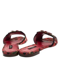 Pre Owned Dolce & Gabbana Red/Black Polka and Printed Canvas Crystal Embellished Flat Slides Size 39