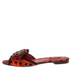 Pre Owned Dolce & Gabbana Red/Black Polka and Printed Canvas Crystal Embellished Flat Slides Size 39