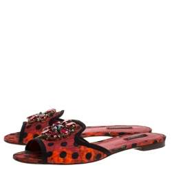 Pre Owned Dolce & Gabbana Red/Black Polka and Printed Canvas Crystal Embellished Flat Slides Size 39