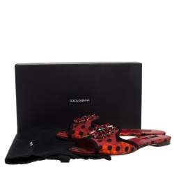 Pre Owned Dolce & Gabbana Red/Black Polka and Printed Canvas Crystal Embellished Flat Slides Size 39