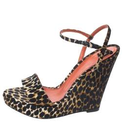 Pre Owned Dolce & Gabbana Multicolor Leopard Print Canvas Wedge Heel Ankle Strap Platform Sandals Size 38